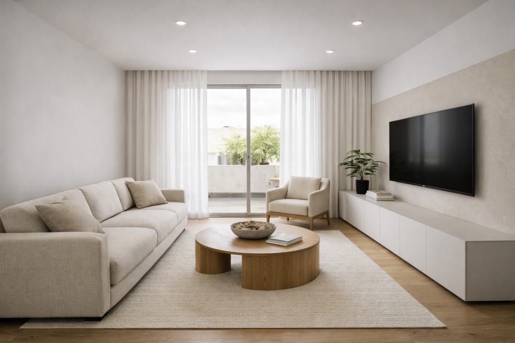 Salón reformado con diseño contemporáneo, luz natural y materiales neutros en vivienda residencial