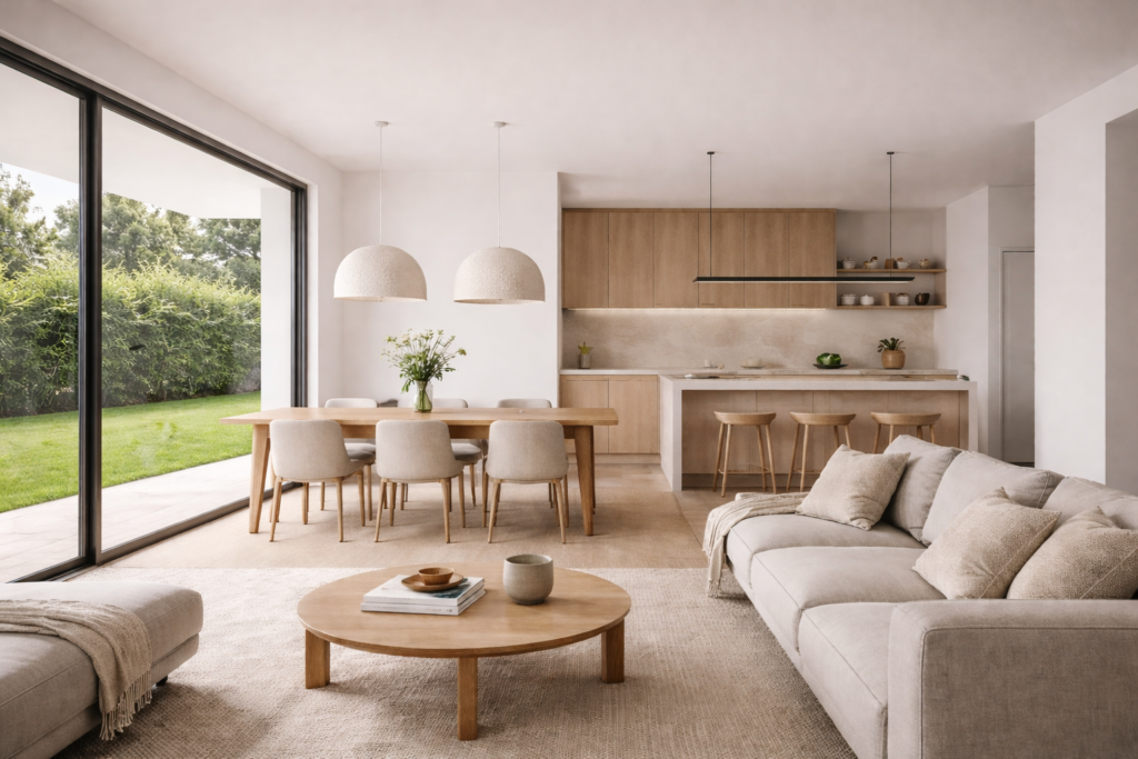Salón comedor cocina de diseño contemporáneo con luz natural y jardín en vivienda residencial
